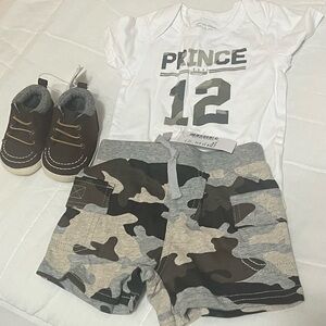 Children’s Place shorts, onesie, and booties size 0-3 months. New with tags.